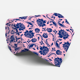 Navy Blue & Pink Floral Damasks Pattern 3 Tie