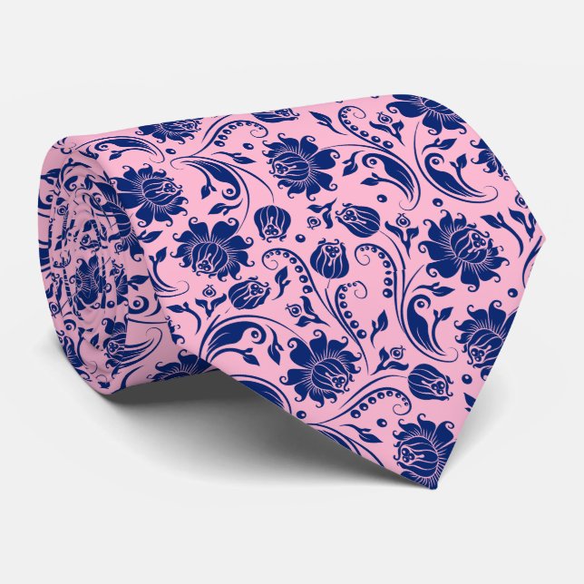 Navy Blue & Pink Floral Damasks Pattern 3 Tie (Rolled)