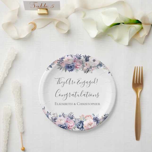 Navy Blue Pink Floral Engagement Party Paper Plate (Wedding)