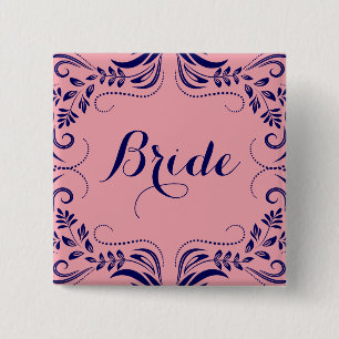 Navy Blue & Pink Floral Frame Bride Button