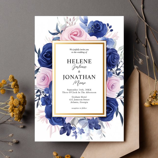 Navy Blue Pink Floral Garden Elegant Wedding Invitation (Navy Blue Pink Floral Garden Elegant Wedding Invitation)