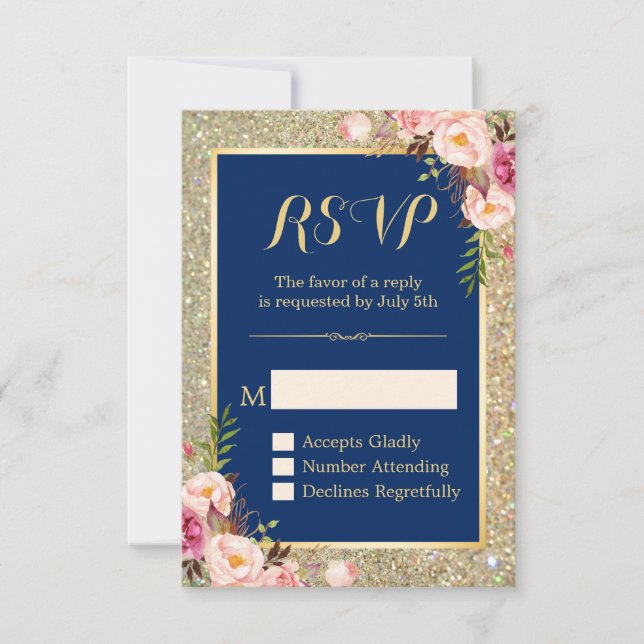 Navy Blue Pink Floral Gold Glitter Sparkling RSVP Card (Front)