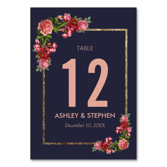 Navy Blue Pink Floral Gold Table Numbers (Front)