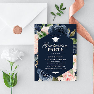 navy blue & pink floral graduation party invitation