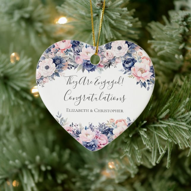 Navy Blue Pink Floral Heart Engagement Ornament  (Tree)