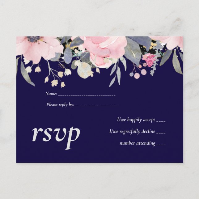 Navy Blue Pink Floral Modern Wedding Budget Invitation Postcard (Front)