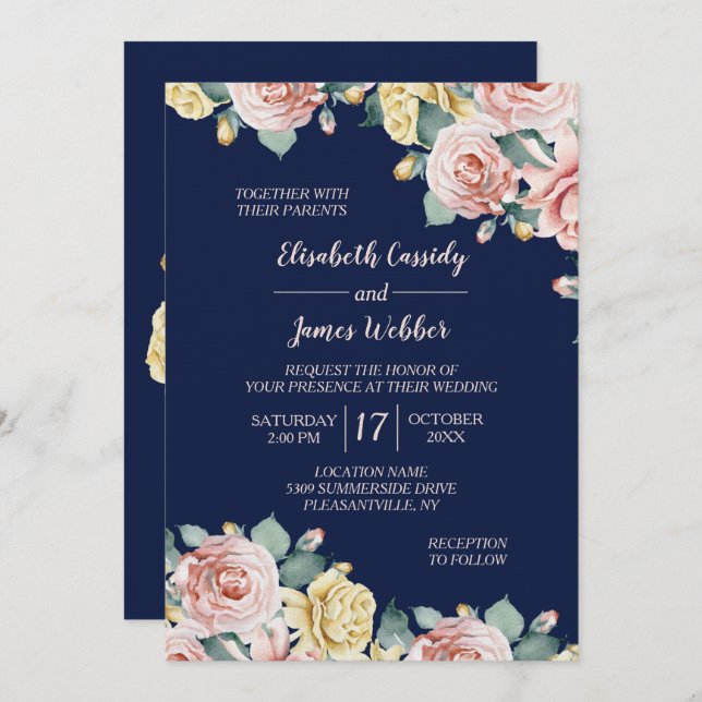 Navy Blue Pink Floral Pretty Wedding Invitation (Front/Back)