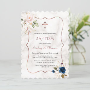 Navy Blue Pink Floral Rose Gold Twins Baptism   Invitation