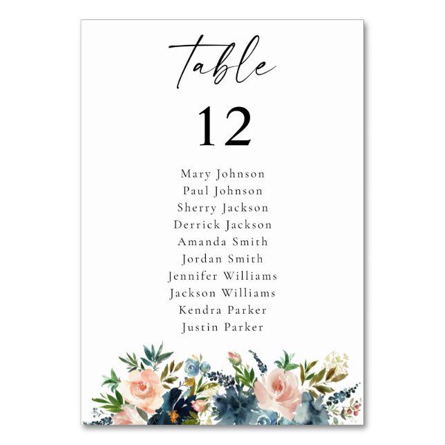 Navy Blue & Pink Floral Table Number Seating Chart (Front)