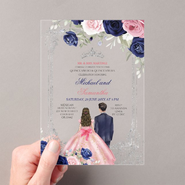 Navy Blue & Pink Floral Twins Silver Quinceañera Acrylic Invitations (Insitu (Handheld))