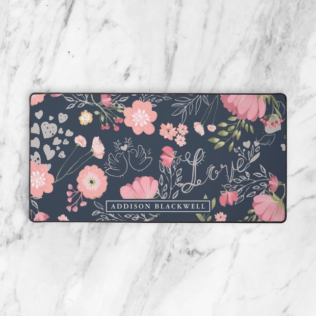 Navy Blue Pink Floral Valentine Desk Mat with Name (Creator Uploaded)