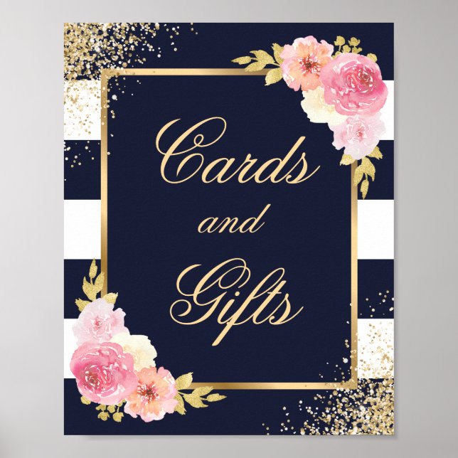 Navy Blue Pink Floral Wedding Cards and Gifts Sign (Front)