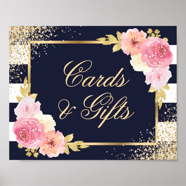 Navy Blue Pink Floral Wedding Cards and Gifts Sign (Front)
