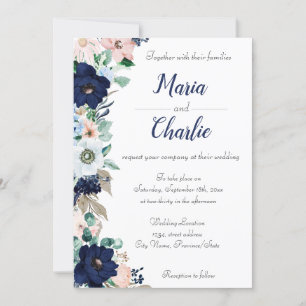 Navy Blue & Pink Floral Wedding Invitation