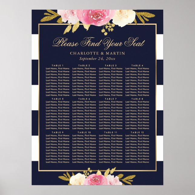 Navy Blue Pink Floral Wedding Seating Chart 12 (Front)