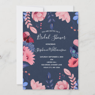 Navy Blue Pink Floral White Letters Bridal Shower Invitation