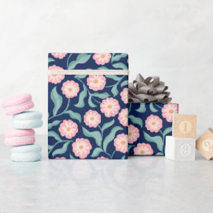 Navy Blue Pink Floral Wrapping Paper   Cute Botani