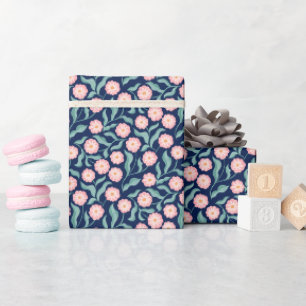 Navy Blue Pink Floral Wrapping Paper Cute Botani