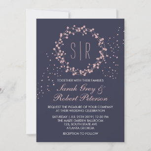 Navy Blue Pink Floral Wreath Wedding Invitation