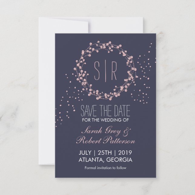 Navy Blue Pink Floral Wreath Wedding Save The Date (Front)