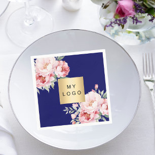 Navy blue pink florals business logo napkin