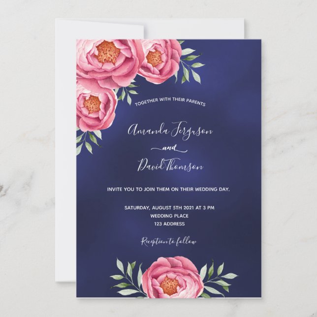 Navy blue pink florals greenery wedding invitation (Front)