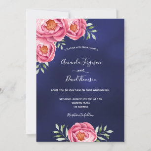 Navy blue pink florals greenery wedding invitation