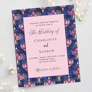 Navy blue pink florals retro wedding invitation