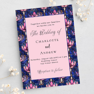 Navy blue pink florals retro wedding invitation postcard