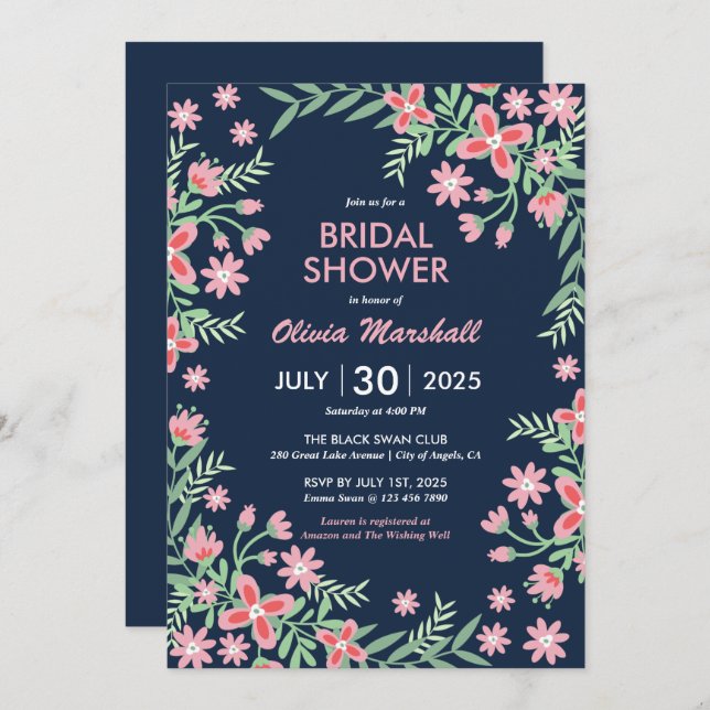 Navy Blue Pink Flower Swirl Floral Bridal Shower Invitation (Front/Back)