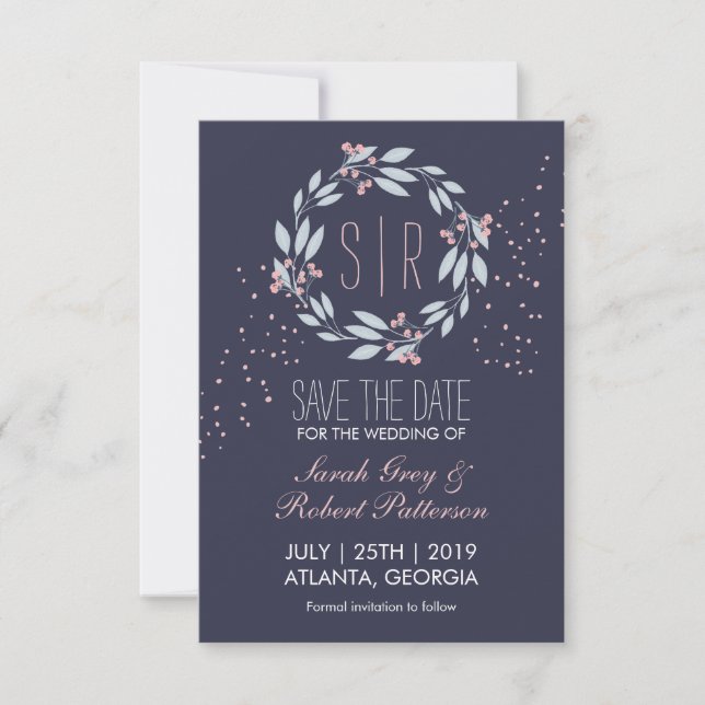 Navy Blue Pink Flower Wreath Wedding Save The Date (Front)