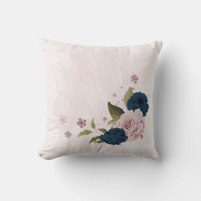 navy blue pink flowers  cushion (Front)