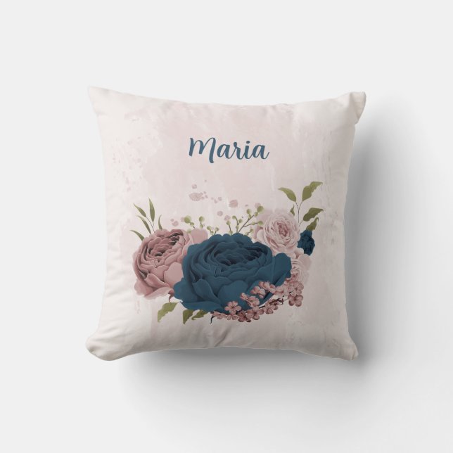 navy blue pink flowers  cushion (Front)