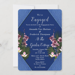 Navy - Blue & Pink Flowers Engagement Invitation
