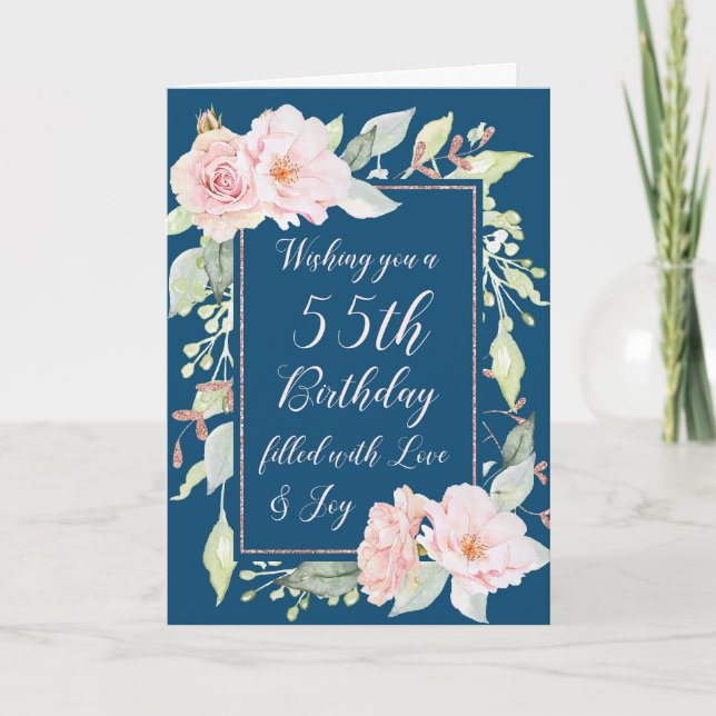 Navy Blue Pink Flowers Happy 55th Birthday Card (Front)