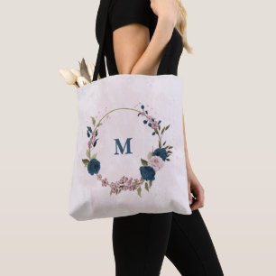 navy blue pink flowers tote bag
