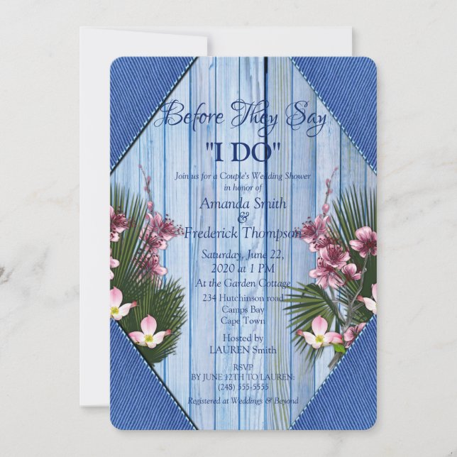 Navy - Blue  & Pink Flowers Wedding Shower Invitation (Front)