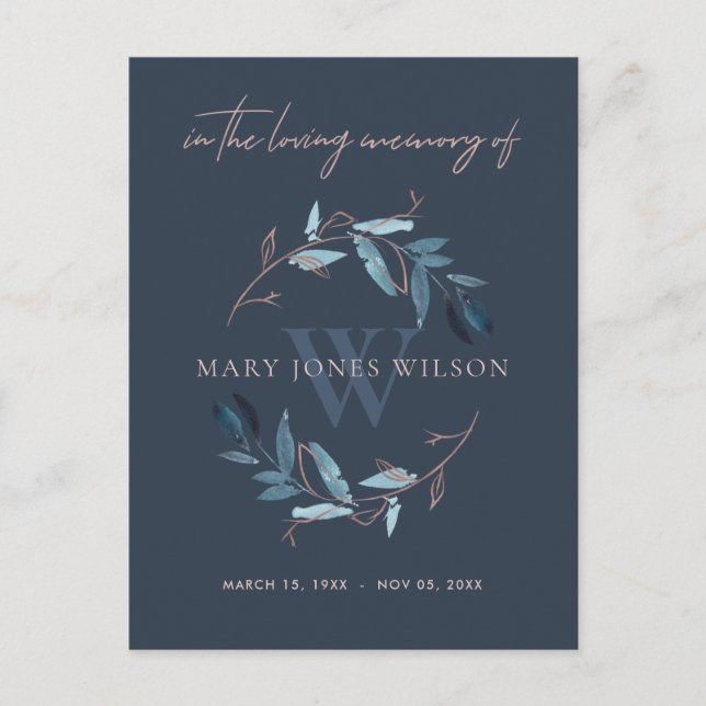NAVY BLUE PINK FOLIAGE WREATH MEMORIAL THANK YOU INVITATION POSTCARD (Front)