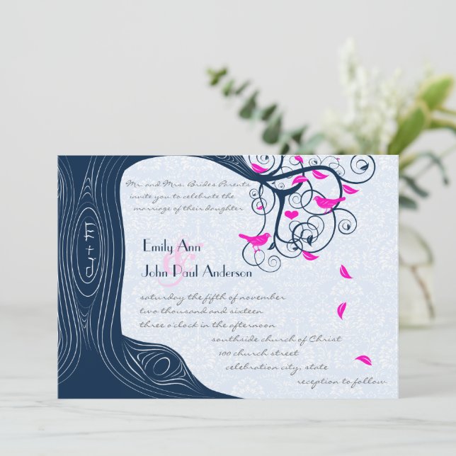 Navy Blue Pink Forest Love Bird Wedding Invitation (Standing Front)