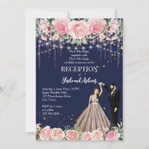 Navy blue pink glitter dancing couple reception invitation
