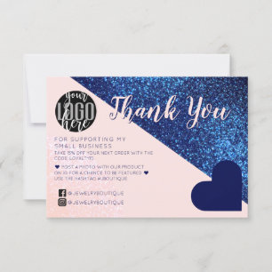 Navy Blue Pink Glitter Geo Logo Customer Thank You Card