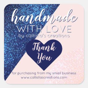 Navy Blue Pink Glitter Geo Logo Customer Thank You Square Sticker