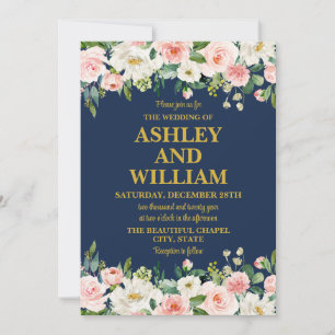 Navy Blue Pink Gold Boho Bohemian Greenery Wedding Invitation
