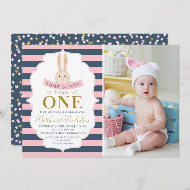 Navy Blue & Pink Gold Bunny First Birthday Photo Invitation (Front/Back)