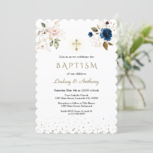 Navy Blue Pink Gold Flowers Twins Baptism  Invitation