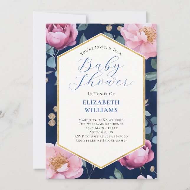 Navy Blue Pink Gold Peonies Baby Shower Invitation (Front)