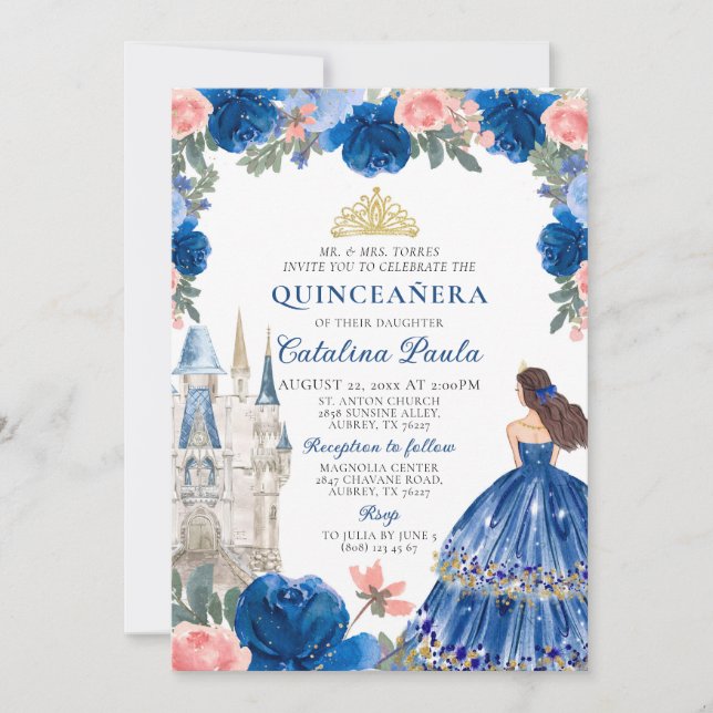 Navy Blue Pink Gold Tiara Princess Quinceañera Invitation (Front)