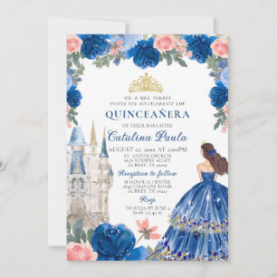 Navy Blue Pink Gold Tiara Princess Quinceañera Invitation