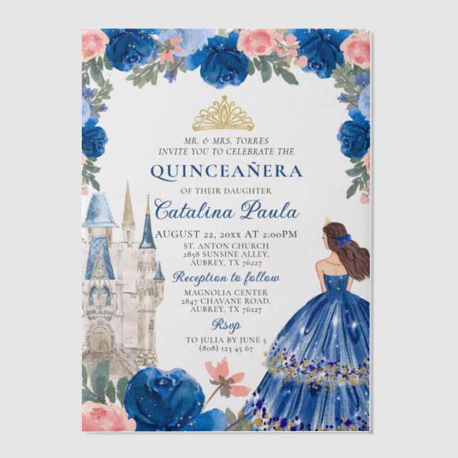 Navy Blue Pink Gold Tiara Princess Quinceañera Vellum Invitations (Front)