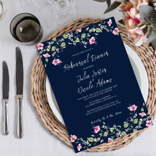 Navy Blue Pink Hibiscus Bloom Rehearsal Dinner Invitation
